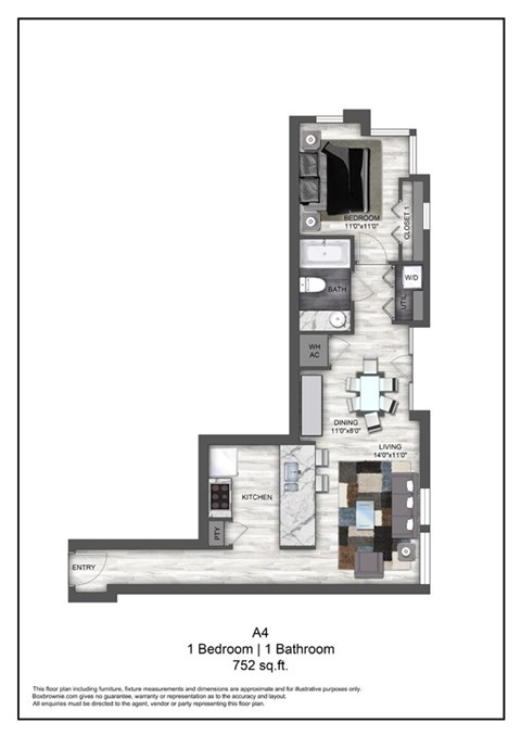Floor plan for 1 bed, 1 bath, 752 sqft
